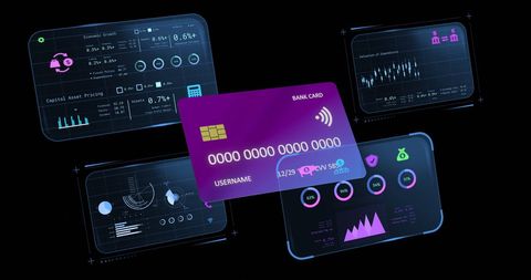 Digital analysis with bank card and financial charts on black background