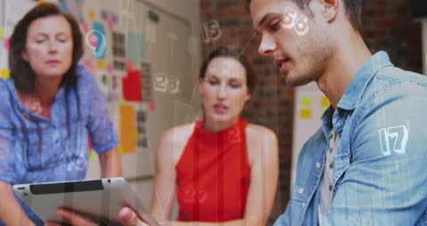 Students Collaborating with Tablet and Digital Overlay of School Graphics