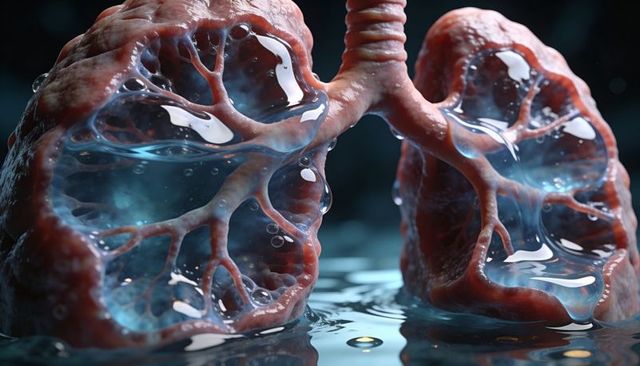 Dissected human lungs showcasing glossy alveoli, bronchioles, trachea, liquid droplets 3d