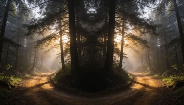 Morning sunbeams casting through misty pine forest along forked dirt trail curving inward