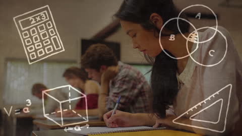 Students Engaged in Studying as Math Illustrations Overlay Class