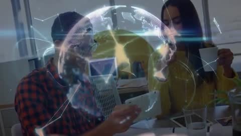 Technology Professionals Collaborating with Digital Globe Hologram