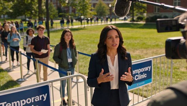 Campus spokeswoman delivering temporary clinic statement while students queue behind