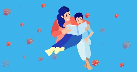 Joyful Mother and Son Reading with Roses Background