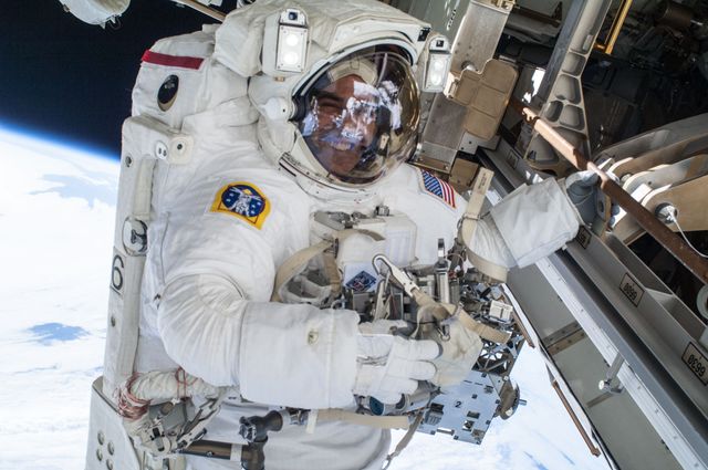 View of Rick Mastracchio,in his Extravehicular Mobility Unit (EMU),working to mate spare Pump Module (PM) Quick Disconnects (QDs) during International Space Station (ISS) Extravehicular Activity (EVA) 25.  Image was released by astronaut on Twitter.