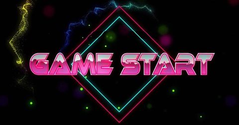 Retro Futuristic Game Start Neon Text with Glowing Shapes