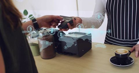 Contactless Card Payment in Cafe Accepting Cryptocurrency, Barista Using POS Terminal