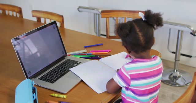African american girl having online school at home using laptop with copy space. staying at home in self isolation during quarantine lockdown.