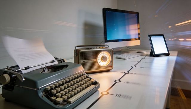 Blending vintage typewriter and retro radio with modern desktop and tablet on white desk