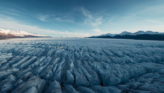 Vast blue glacier crevasses stretching across alpine icefield under clear morning light