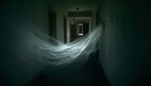 Ghostly fabric floating in abandoned corridor