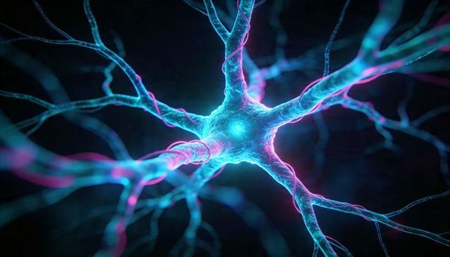 Glowing neuron radiating cyan-magenta dendrites and neon synapses in dark field