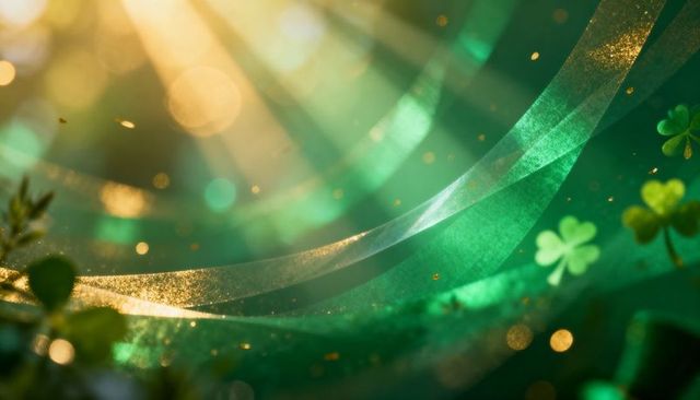 Flowing emerald ribbons and gold sparkle with shamrocks for st patrick's day celebration