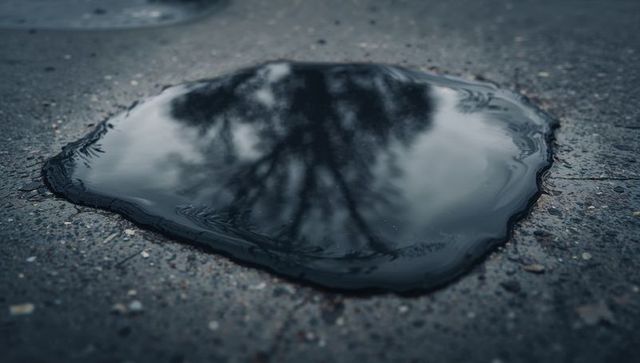 Reflecting leafless tree silhouette in shallow puddle on wet asphalt with gravel texture