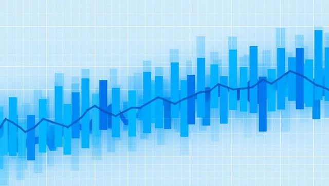 Blue Data Chart with Trend Line on Digital Grid/Bars for Analytics