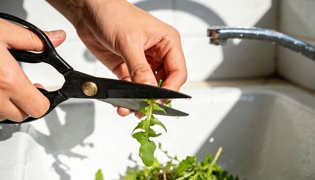 Sunlit hands trimming fresh dandelion greens with black scissors over kitchen sink