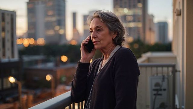 Senior woman talking on phone on balcony at dusk with urban skyline and warm city lights