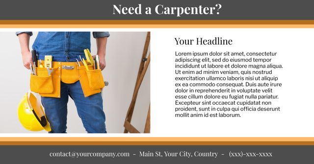 Ideal for promoting professional carpentry or handyman services. Image showcases tools in a belt indicating preparedness and expertise, making it suitable for advertising construction services or DIY projects. Highlights trustworthiness and readiness for various carpentry tasks.