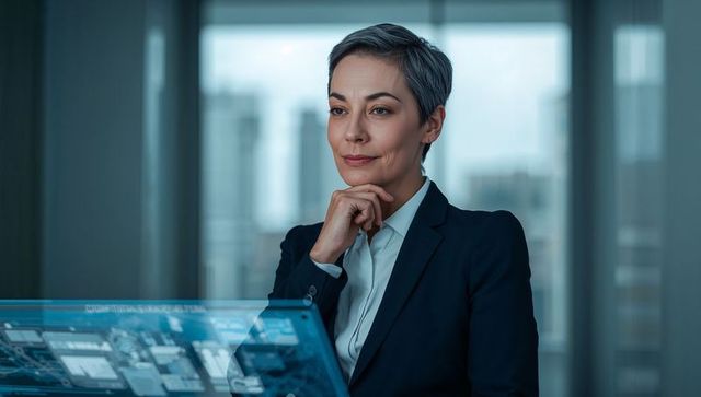 Confident female executive interacting with holographic interface in modern corporate office