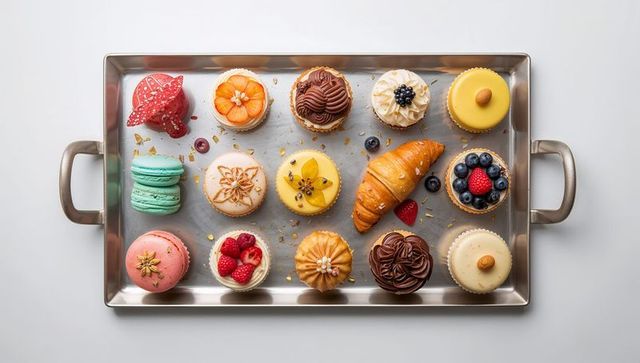 Assorted gourmet pastries, macarons and fruit tarts on stainless steel tray flatlay with croissant
