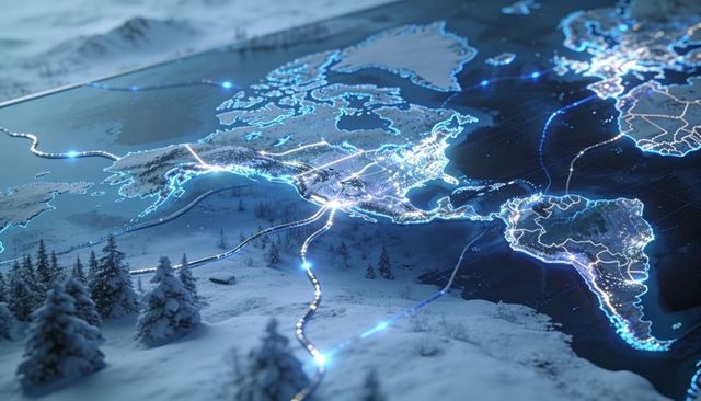 Futuristic glowing network connecting americas on holographic map over snowy diorama