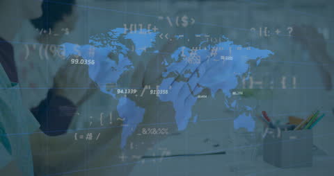 Digital World Map Overlay on Business Team Background