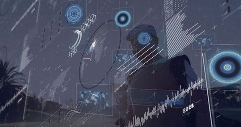 Man Managing Global Technology with Augmented Reality Interface Outdoors at Dusk