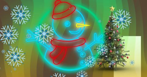 Festive Neon Snowman and Christmas Tree with Snowflakes