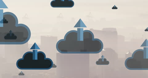 Arrows in Clouds Representing Digital Growth over Cityscape