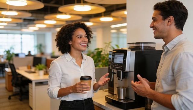 Colleagues chatting by office coffee machine during casual break and team interaction