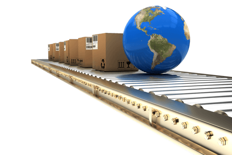 Transparent Globe with Cardboard Boxes on Conveyor Belt