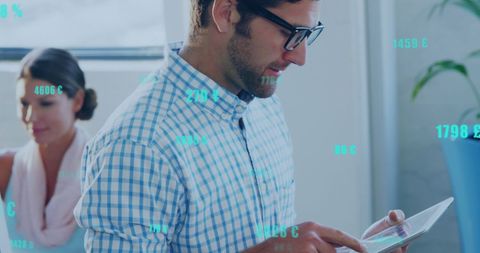 Businessman Analyzing Data on Digital Tablet with Currency Symbols Overlay - Download Free Stock Images Pikwizard.com