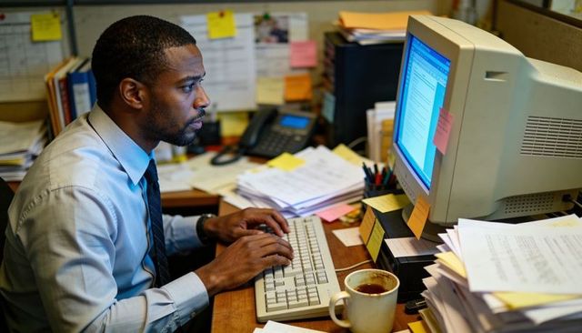 Focused office worker typing at cluttered cubicle with crt monitor, sticky notes, coffee