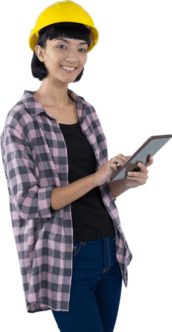 Smiling Female Architect in Hard Hat using Tablet with Transparent Background - Download Free Stock Videos Pikwizard.com