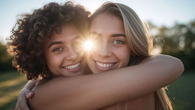 Sunlit best friends embracing and smiling in meadow at golden hour with lens flare