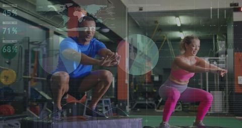 Trainer and partner squatting with fitness HUD overlays showing performance analytics