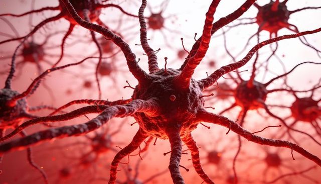 Neurons transmitting signals through glowing synapses in red neural network 3d high-detail