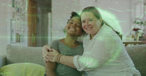 Caregiver hugging smiling child on couch, cozy intergenerational family bonding at home