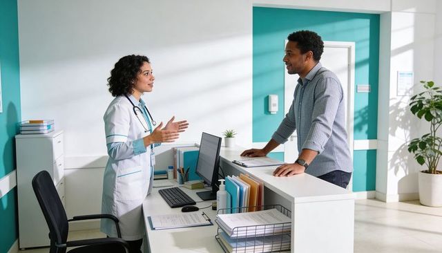 Doctor consulting patient at clinic reception desk discussing care plans in daylight