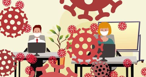 Office workers exercising safety precautions against viruses