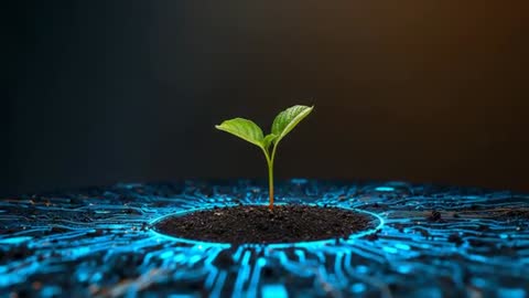 Seedling Growing from Soil on Glowing Blue Circuit Traces Representing Tech-Nature Fusion