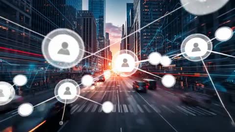 Futuristic Network Overlay in Busy Urban Streetscape