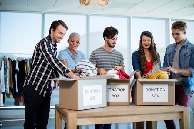 Group of diverse colleagues sorting clothes into donation boxes in an office environment. Ideal for use in articles or campaigns promoting corporate social responsibility, community service, and charitable activities.