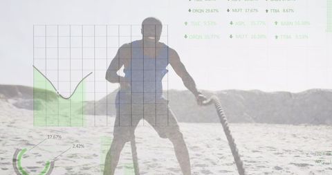 Fit man exercising oper exercises with digital fitness graphs