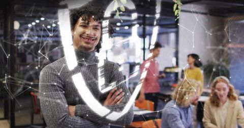 Confident Professional Leading Team in High-Tech Office Environment