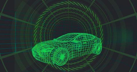 Rotating neon wireframe sedan in futuristic digital tunnel for cad, vr and concept design