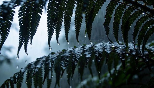 Misty rainforest fern dripping raindrops from glossy pinnate fronds close-up, nature macro