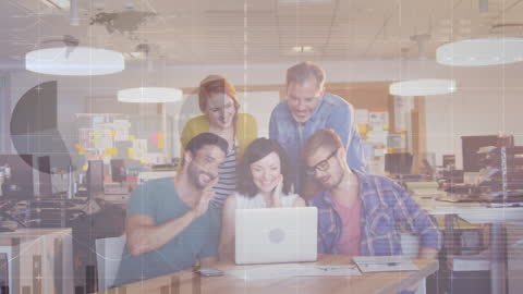 Diverse Team Analyzing Data with Technology Overlay in Modern Office