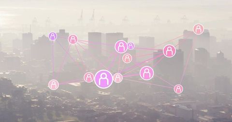 Hazy urban skyline with neon social network overlay connecting user nodes and city hubs