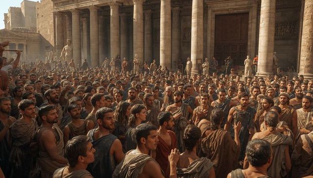 Mass gathering of tunic-clad citizens assembling in monumental ancient forum